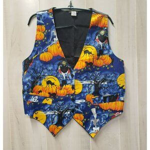 Saddle River Halloween Vest, Sz Large, Skeletons Pumpkins Ghosts Witches, button